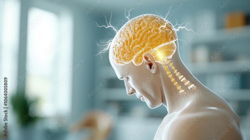 Poster human brain and spine illustration highlighting neural pathways and cognitive function