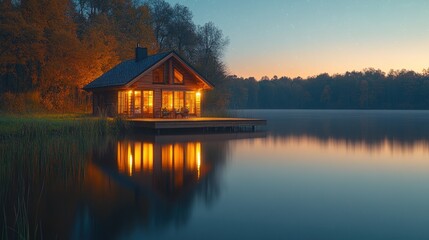 Fototapeta premium A serene lakeside cabin illuminated at dusk, reflecting on calm waters.
