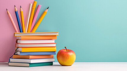 Colorful school supplies and apple against pastel background