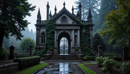 A historic mausoleum surrounded by lush greenery on a misty morning in a serene cemetery