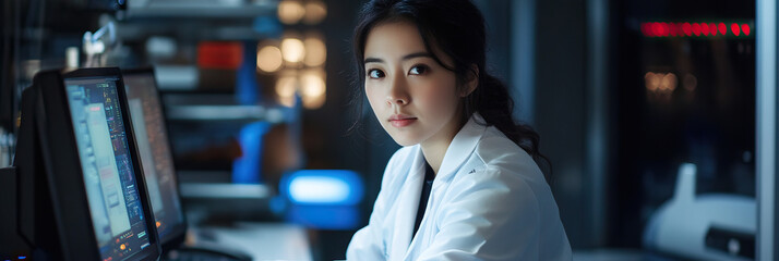 A young Asian woman in a white lab coat, sitting at a computer terminal, surrounded by futuristic equipment