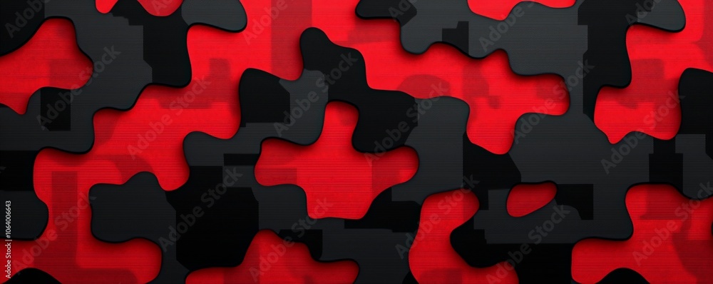 Poster a bold red and black camouflage pattern with a dynamic, textured appearance, showcasing abstract sha