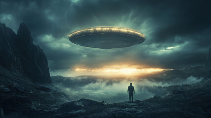 Alien UFO Encounter: Dramatic Landscape, Lone Figure, Atmospheric Sunset