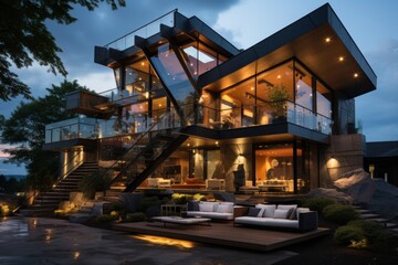 A modern, illuminated house with large windows and outdoor seating, set in a serene landscape.
