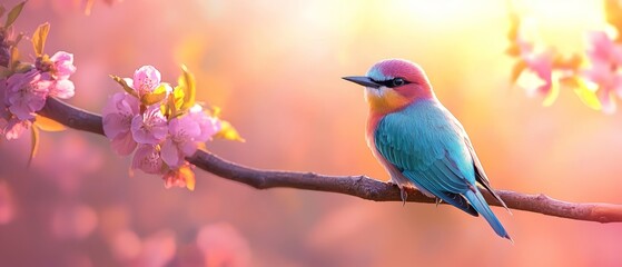 Obraz premium A colorful bird sitting on a branch with pink flowers