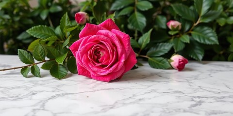 Pink rose on a marble table surrounded by greenery, table, botanical, eclectic