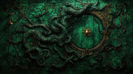 Mystical enchanted door with intricate vines and golden detail in emerald glow