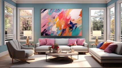 A cozy living room with colorful art, bright decor, and natural light.