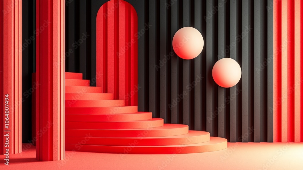 Poster a vibrant abstract scene featuring red stairs and circular forms against a black background, creatin