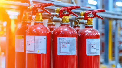 Row of Fire Extinguishers in Industrial Setting for Safety and Emergency Preparedness