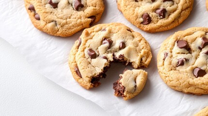 Delicious chocolate chip cookies on parchment paper with bite taken out