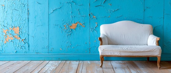 A white chair sitting in front of a blue wall