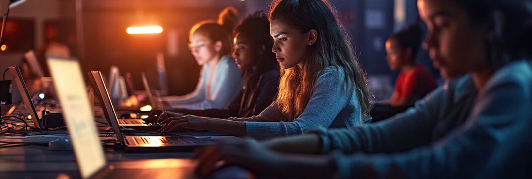 A team of female programmers in a bustling coding bootcamp, typing furiously at their laptops