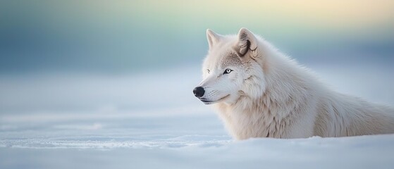 Obraz premium A white wolf laying in the snow looking at the camera