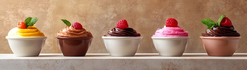 Four Swirls of Whipped Cream Dessert with Raspberries and Mint