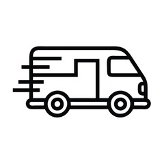 Simple delivery van icon with motion lines, Black and white outline of a delivery van with motion lines, representing fast shipping, transportation, and logistics services.
