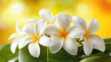 Fototapeta premium Close-Up of Plumeria Blossoms Against Vibrant Yellow Background