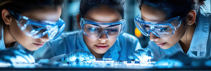 Three Hispanic women wearing protective goggles, inspecting microchips at a semiconductor fabrication plant