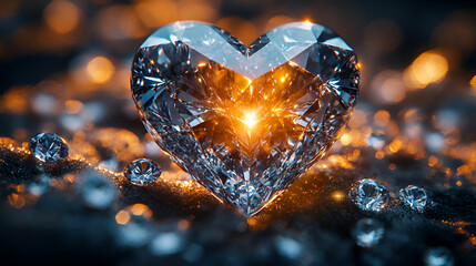 Fototapeta premium A sparkling heart-shaped diamond glimmers amidst smaller gems, showcasing intricate facets and warm light reflections, symbolizing love and luxury.