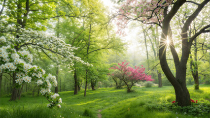 Fototapeta premium Spring landscape with blooming trees and sunlight filtering through foliage 