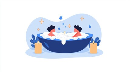 A serene illustration of two people relaxing in a bubbling bath surrounded by candles and decorative elements.