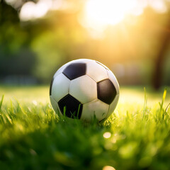 Fototapeta premium soccer ball on grass with blur green bokeh background