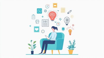 A thoughtful woman sits in a cozy chair, exploring creative ideas with symbols representing innovation and knowledge around her.
