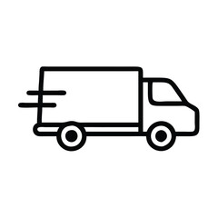 Simple delivery van icon with motion lines, Black and white outline of a delivery van with motion lines, representing fast shipping, transportation, and logistics services.
