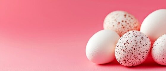A group of white and red eggs on a pink background