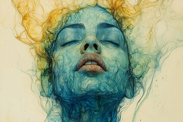 Ethereal portrait of a serene woman enveloped in colorful water-like swirls, blending hues of blue and orange, creating an otherworldly atmosphere.