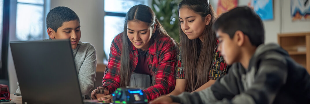 A group of Native American students learning about robotics and coding at a tribal community center