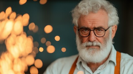 Elderly craftsman with white beard and sparks in workshop setting