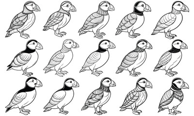 Puffin Bird Adult Coloring Page with Detailed Line Art for Relaxation and Stress Relief, Ideal for Printable Art Therapy or Coloring Books, High-Quality, Unique Wildlife Illustration.