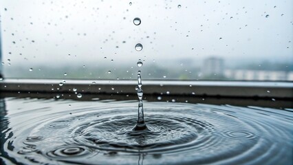 Single water drop falls from a rain-soaked windowpane, leaving a trail of tiny ripples in its wake, movement, reflection, nature