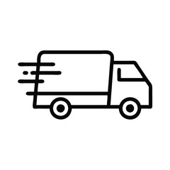 Simple delivery van icon with motion lines, Black and white outline of a delivery van with motion lines, representing fast shipping, transportation, and logistics services.
