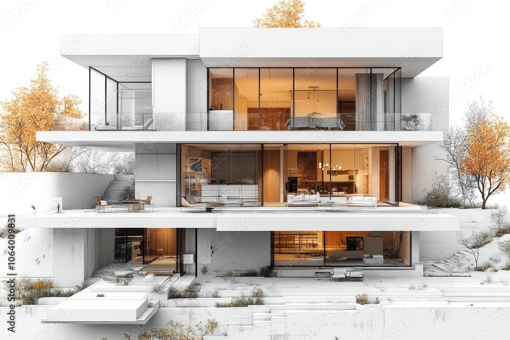 Poster modern architectural design featuring a sleek, multi-level house with large windows and greenery.