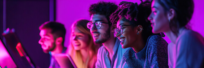 A group of gender-nonconforming individuals at a hackathon, brainstorming ideas for an inclusive new software program