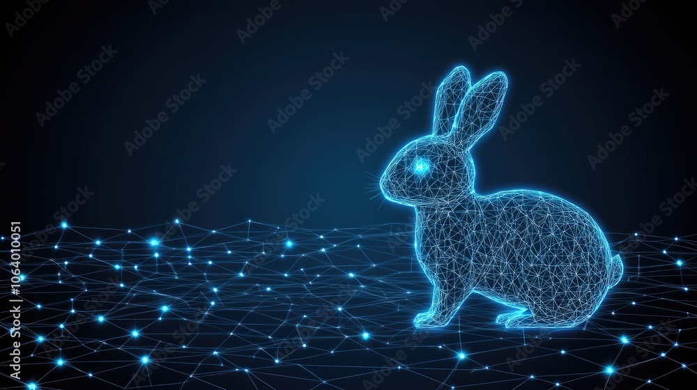 Poster blue abstract rabbit with digital network background