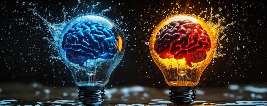Creative concept image of a colorful bulb with two brains - Powered by Adobe