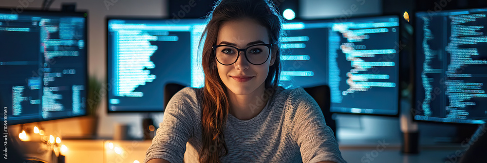 Aufkleber focused female coder at her desk in a modern office