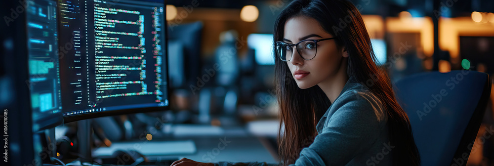 Poster focused female coder at her desk in a modern office