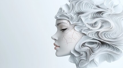 Futuristic woman with intricate paper hair design and cracked skin effect