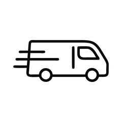 Simple delivery van icon with motion lines, Black and white outline of a delivery van with motion lines, representing fast shipping, transportation, and logistics services.
