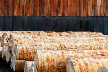 Sturdy, freshly cut logs lie stacked in an outdoor lumberyard, surrounded by a beautifully weathered wooden wall, illuminated by sunlight