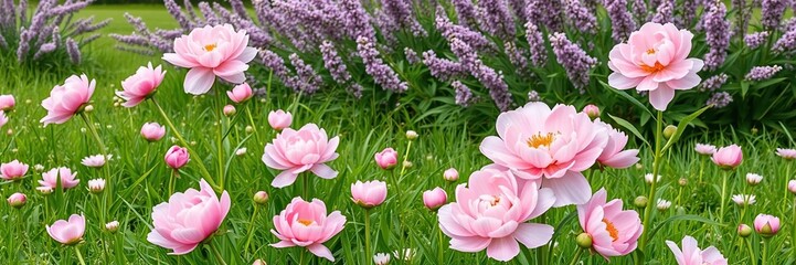 Obraz premium Soft pink watercolor peony flowers scattered on a lush green meadow with lilac bushes in the background, peonies, spring blossoms