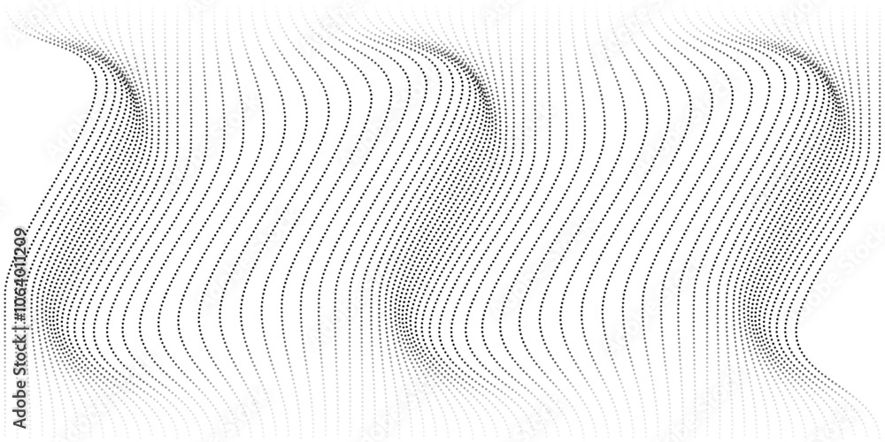 Poster The flowing particles create a wave pattern with a halftone black and white gradient dotted curve.