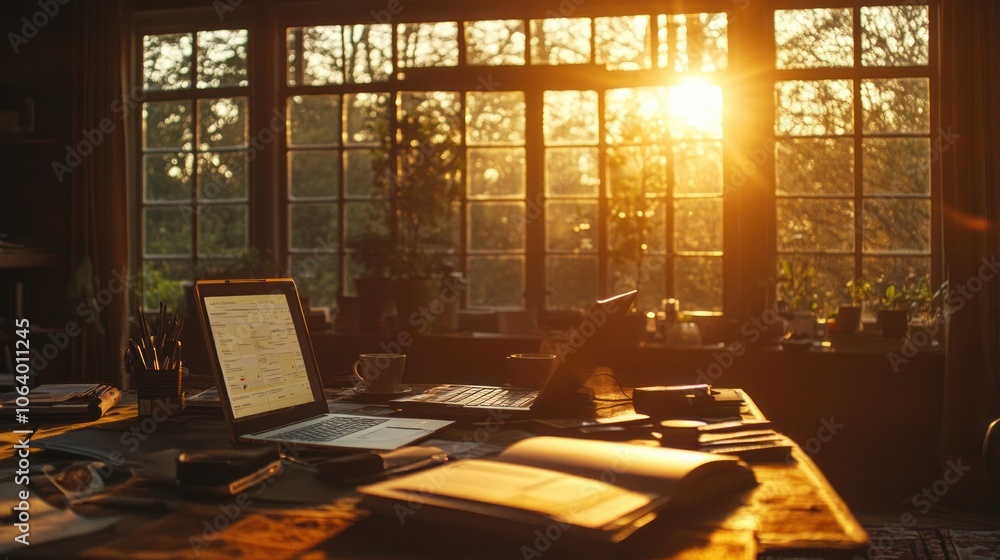 Aufkleber a laptop computer sits on a wooden table in front of a large window with the setting sun shining thr