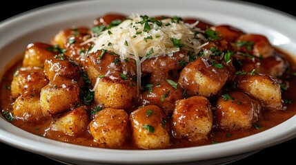 A plate of gnocchi with a brown sauce and topped with grated cheese and parsley.