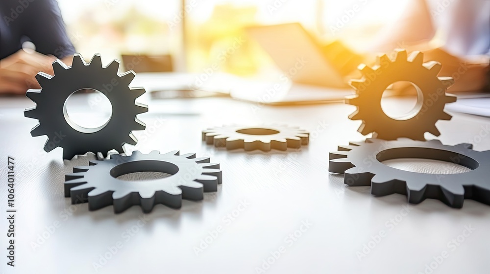 Poster gears on table with business background in soft light