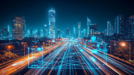 Fototapeta premium Smart City: Futuristic Nightscape, Connected Vehicles, Neon Lights